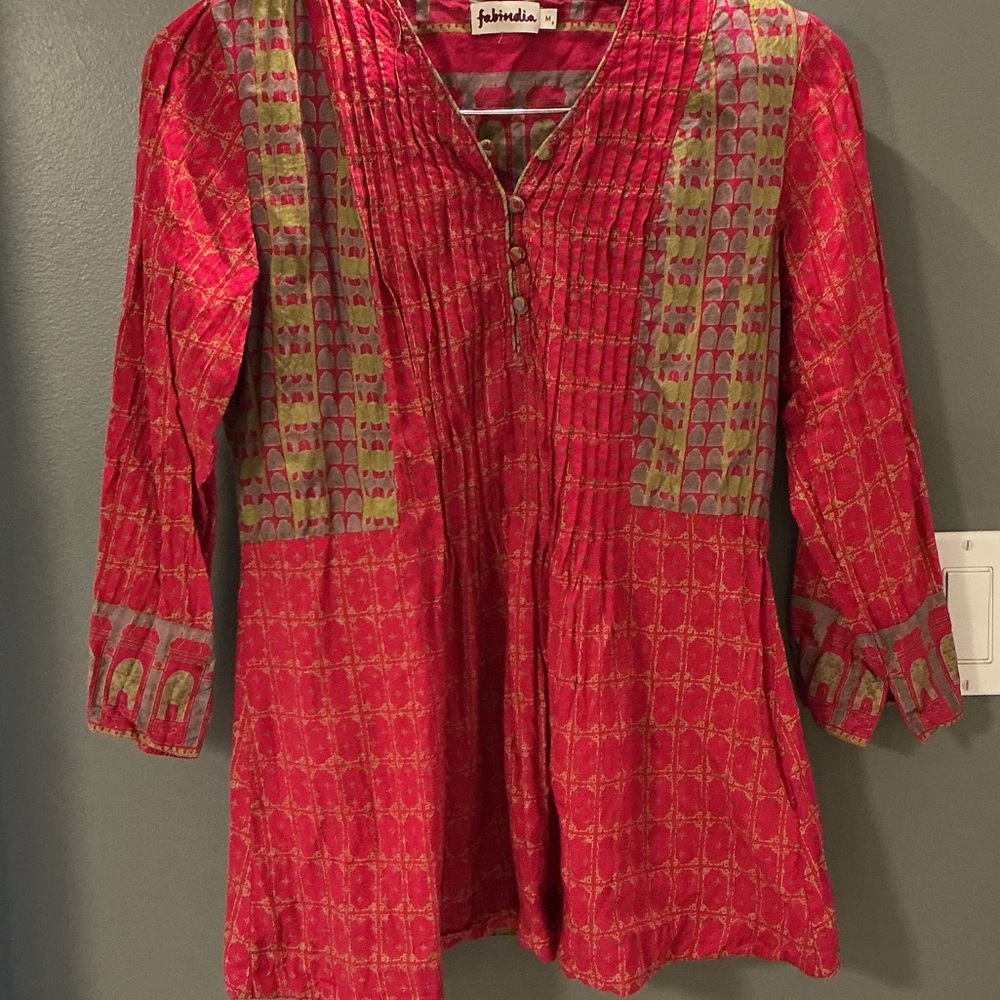 Fabindia Vibrant Red and Green Tunic, M